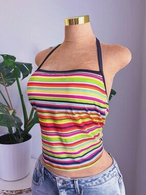 Y2K Rainbow Stripe Halter Top | Colorful Retro Summer Swim Tank